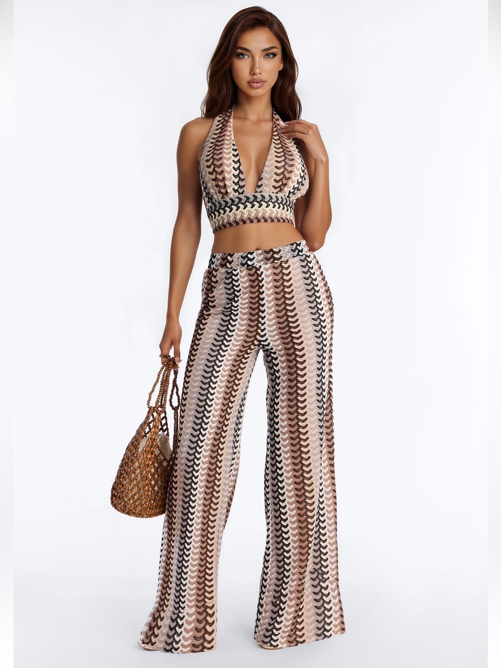 Fashion Nova Neutral Stripe Crochet Halter & Wide-Leg Pants Set